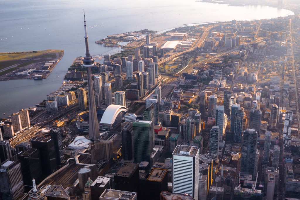 aerial view of cn tower and downtown toronto canada
