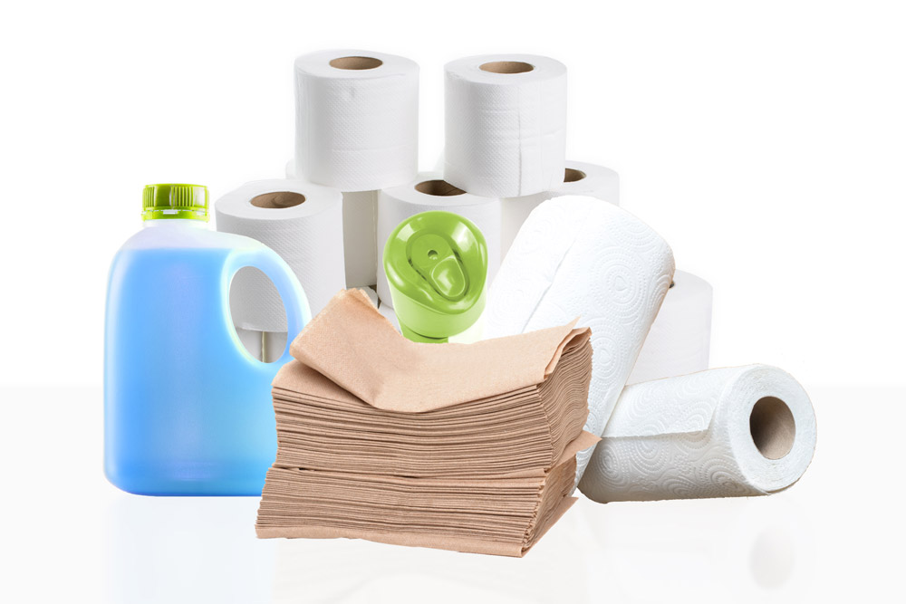group of janitorial cleaning supplies including paper towels and toilet paper