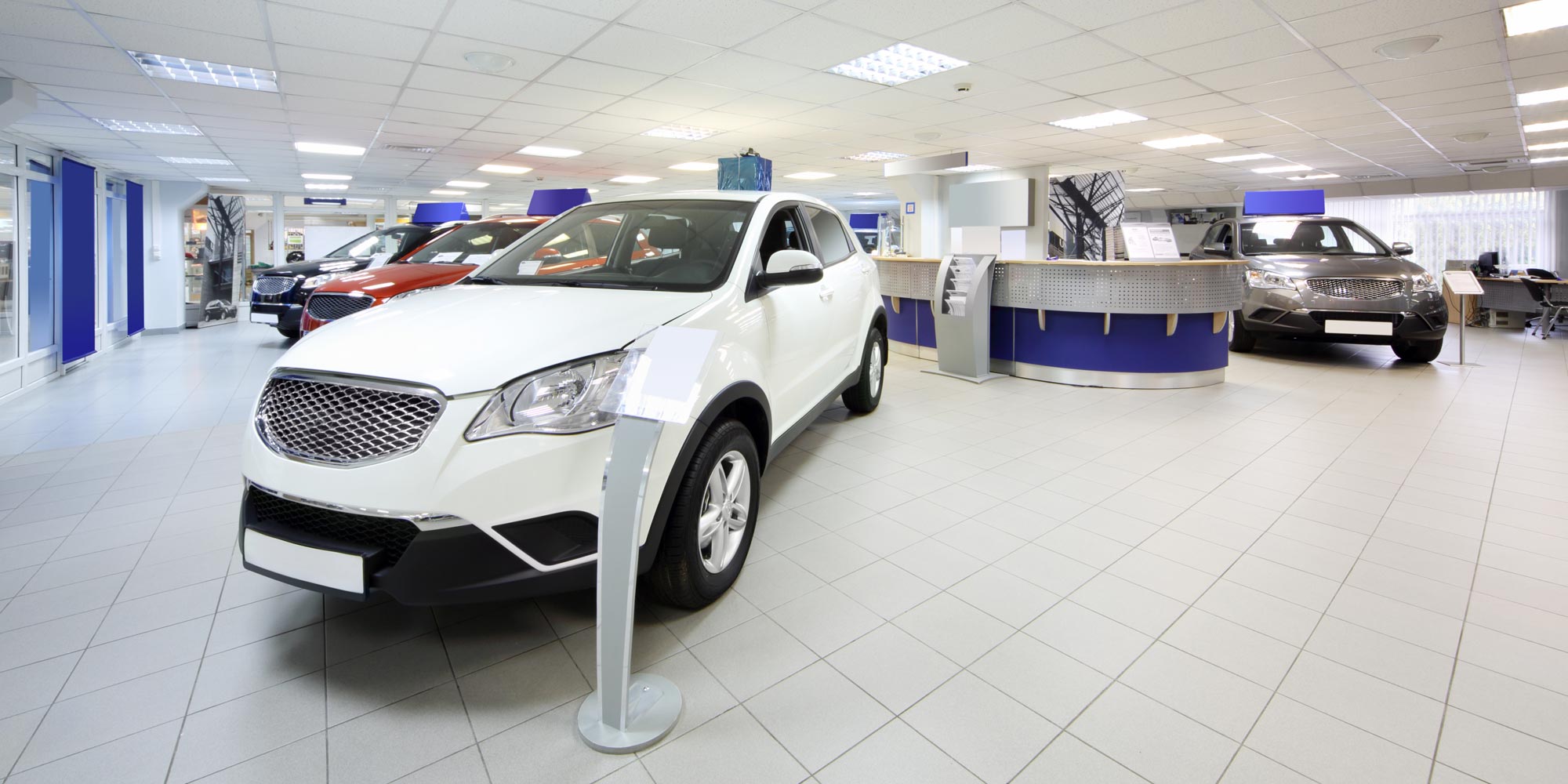 car dealership with blue accented walls and cars on display